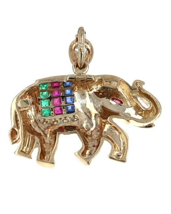 Ruby, Sapphire, Emerald, and Diamond Elephant Pendant in Yellow Gold